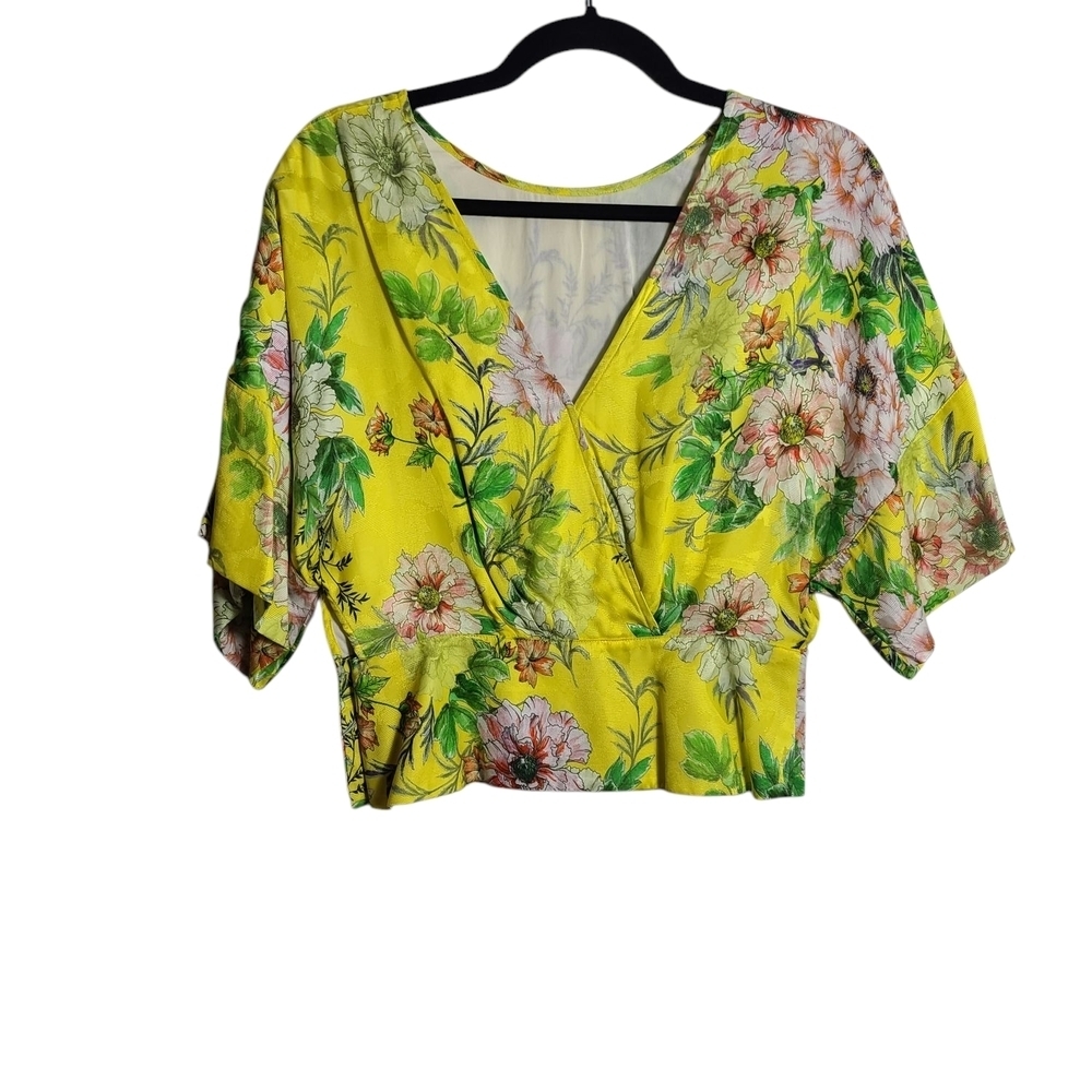 ANTHROPOLOGIE Marika Blouse Floral Yellow Wrap Top In Green Motif Size US 0 - Picture 1 of 16
